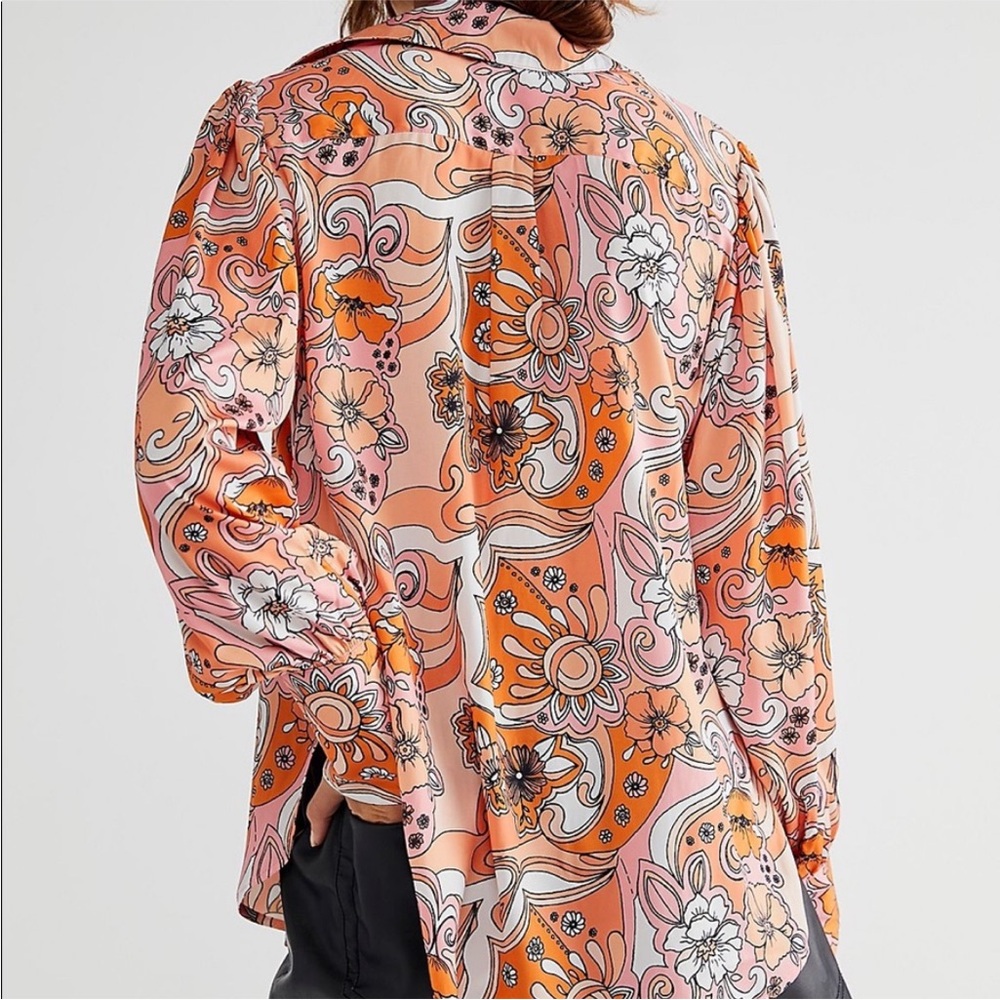 Free People Serena Printed Button Down Silky Floral Boho 70’s Top Blouse Shirt - Picture 3 of 13